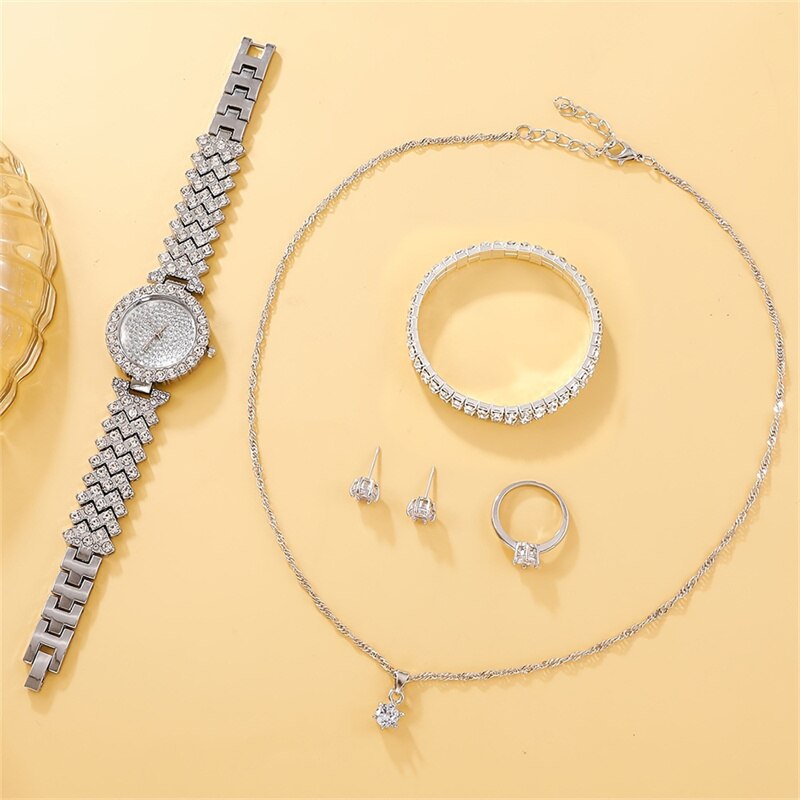 kit Relógio Feminino Luxo com Pulseira, Brinco, Anel e Colar de Pedras Brilhantes